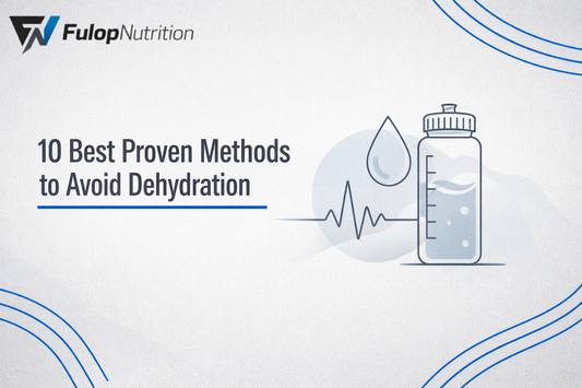 Premium endurance hydration blog hero image with the title “10 Best Proven Methods to Avoid Dehydration,” featuring a minimalist water bottle illustration and blue accent lines on a light grey background.