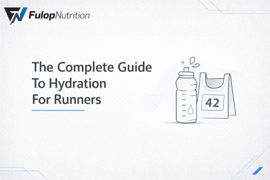 Fulop Nutrition graphic titled “The Complete Guide to Hydration for Runners” with water bottle and marathon bib illustration.