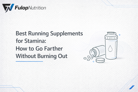 Graphic titled ‘Best Running Supplements for Stamina: How to Go Farther Without Burning Out’ with an illustration of a shaker bottle and spilled supplement pills